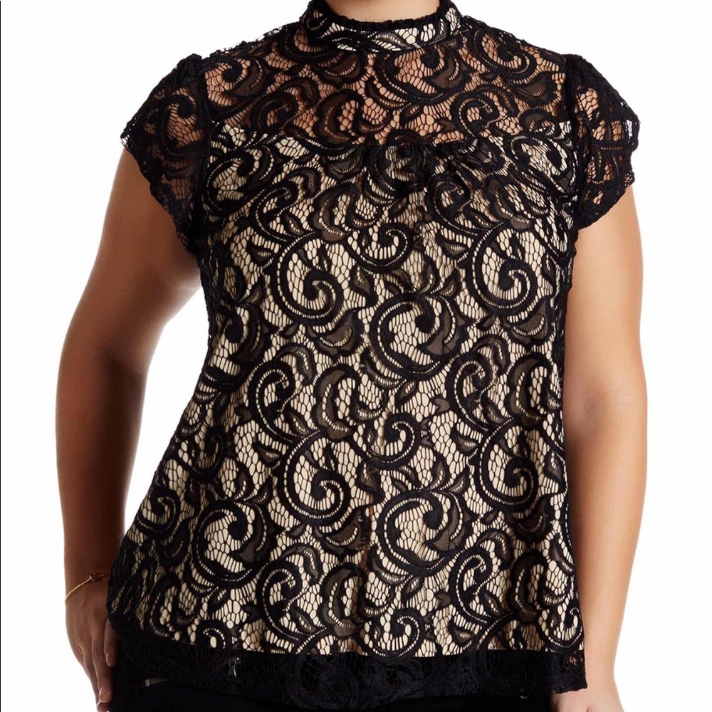 Cap Sleeve Mock Lace Neck Blouse!